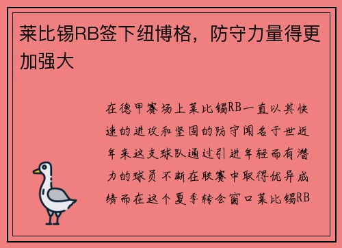 莱比锡RB签下纽博格，防守力量得更加强大